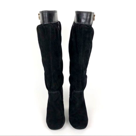 Michael Kors Womens Suede Boots 5.5 Black Zip Knee High Heeled Slouchy Leather - Picture 3 of 8